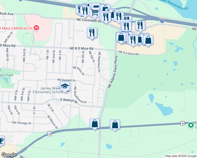 map of restaurants, bars, coffee shops, grocery stores, and more near 481 Northeast Adams Dairy Parkway in Blue Springs
