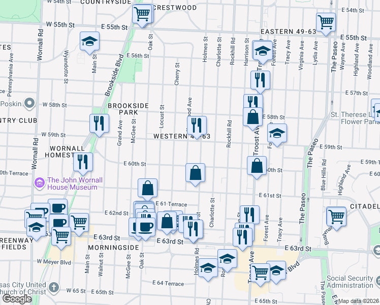 map of restaurants, bars, coffee shops, grocery stores, and more near 5915 Kenwood Avenue in Kansas City