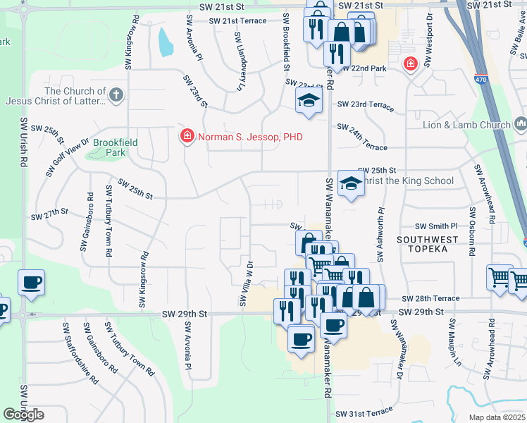 map of restaurants, bars, coffee shops, grocery stores, and more near 6129 Southwest 26th Court in Topeka