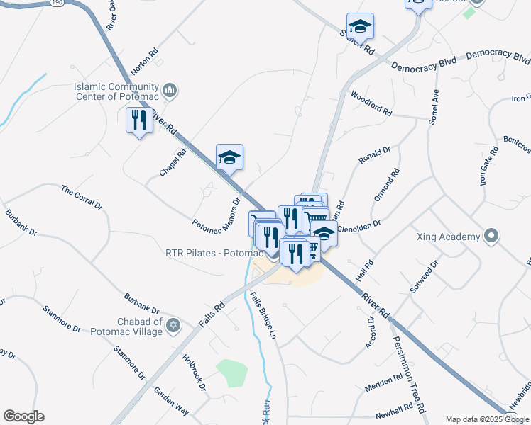 map of restaurants, bars, coffee shops, grocery stores, and more near 10217 River Rd in Potomac