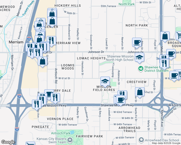 map of restaurants, bars, coffee shops, grocery stores, and more near 6030 Goodman Street in Mission