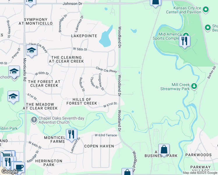map of restaurants, bars, coffee shops, grocery stores, and more near 6019 Woodstock St in Shawnee