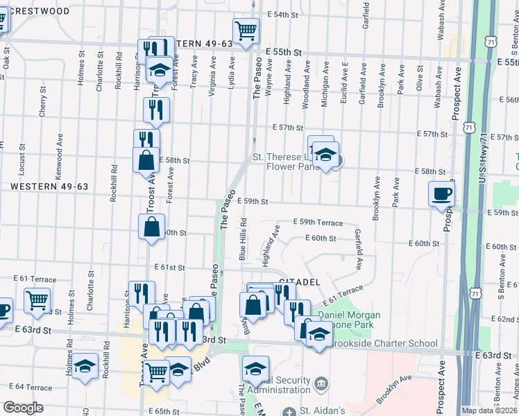 map of restaurants, bars, coffee shops, grocery stores, and more near 1519 East 59th Street in Kansas City