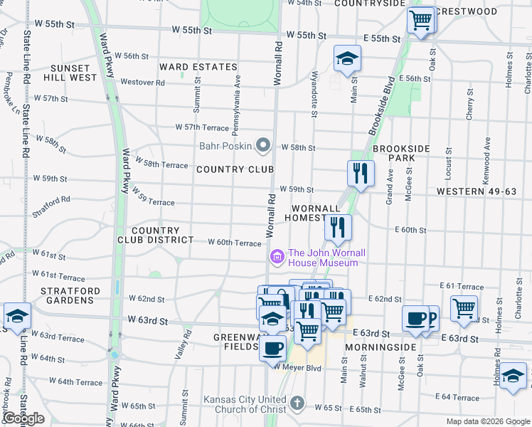 map of restaurants, bars, coffee shops, grocery stores, and more near 401 West 59 Terrace in Kansas City