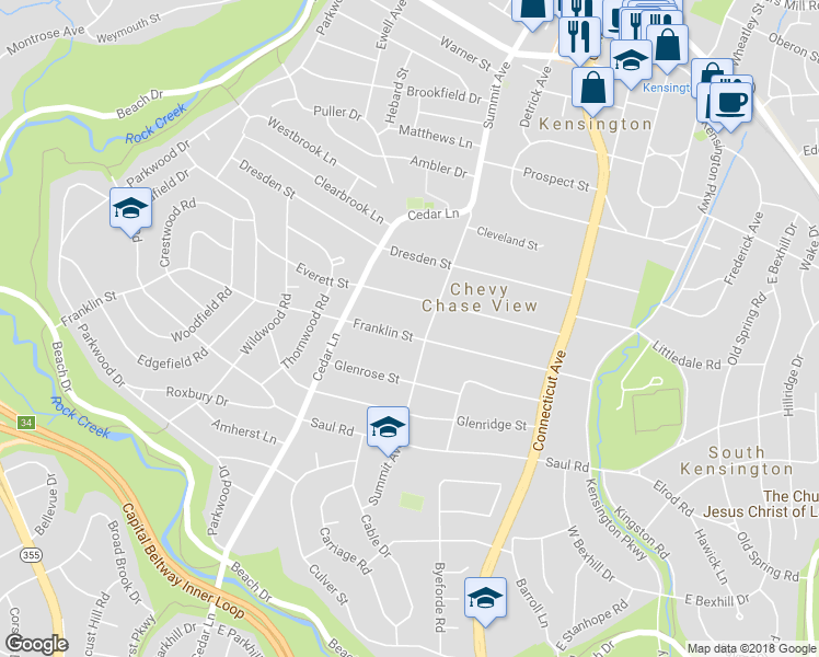 map of restaurants, bars, coffee shops, grocery stores, and more near 4205 Franklin Street in Kensington