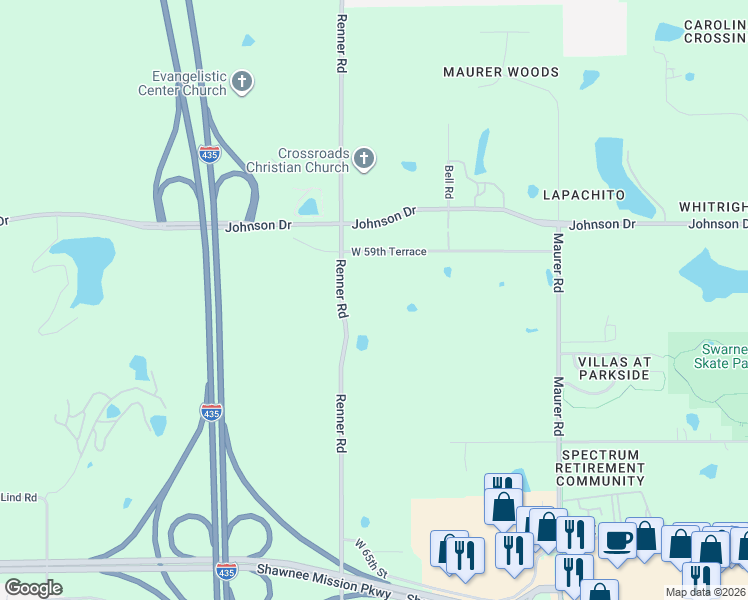 map of restaurants, bars, coffee shops, grocery stores, and more near 6040 Renner Road in Shawnee