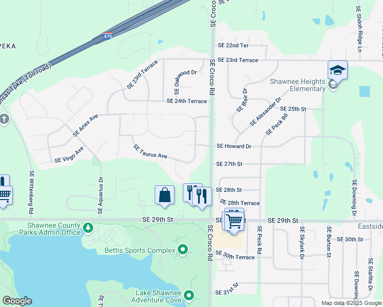 map of restaurants, bars, coffee shops, grocery stores, and more near 2625 Southeast Mercury Avenue in Topeka