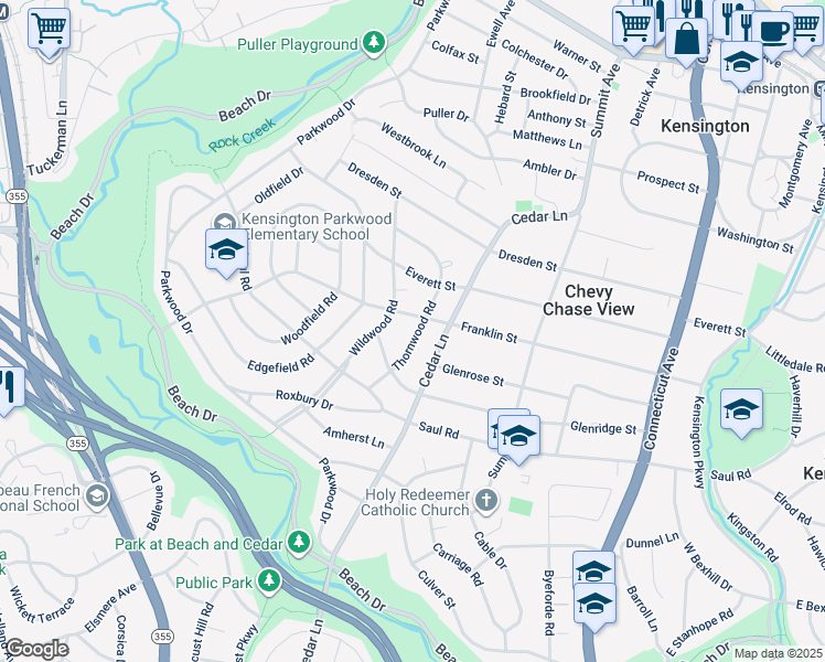 map of restaurants, bars, coffee shops, grocery stores, and more near 9918 Thornwood Road in Kensington