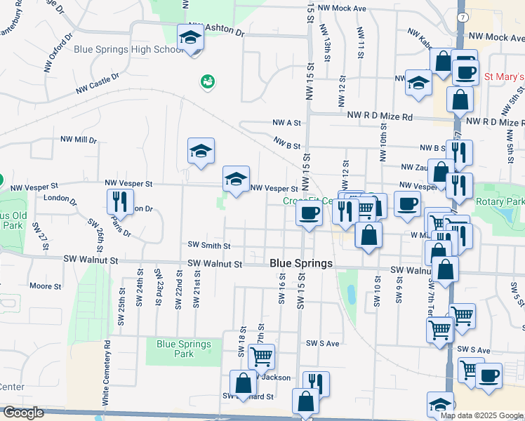 map of restaurants, bars, coffee shops, grocery stores, and more near 109 Northwest 17th Street in Blue Springs