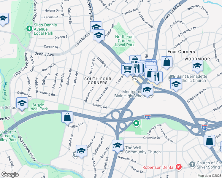 map of restaurants, bars, coffee shops, grocery stores, and more near 408 Lanark Way in Silver Spring