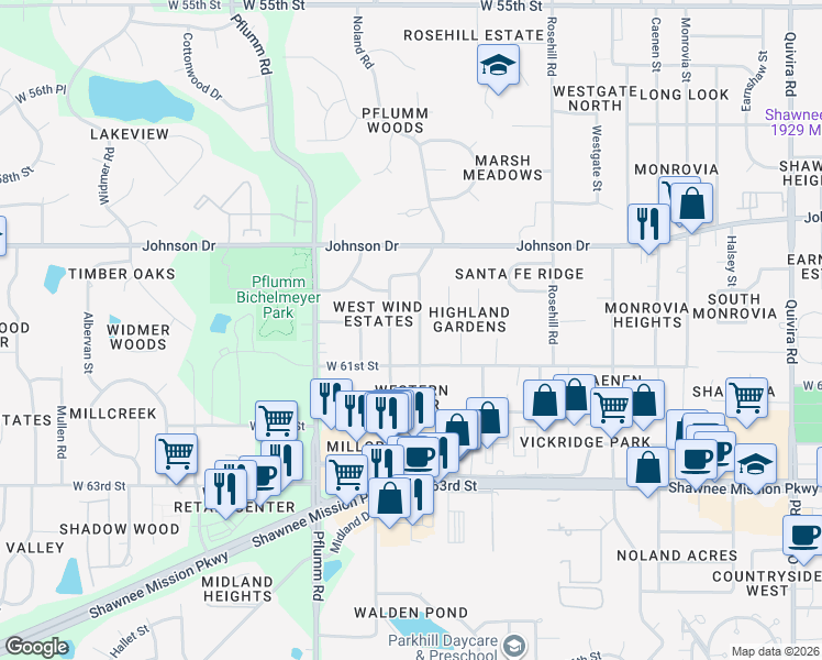 map of restaurants, bars, coffee shops, grocery stores, and more near 6012 Noland Road in Shawnee
