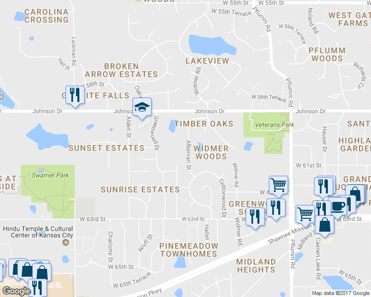 map of restaurants, bars, coffee shops, grocery stores, and more near 6014 Albervan Street in Shawnee