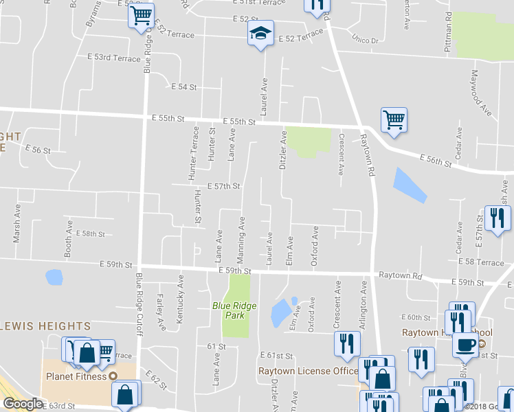 map of restaurants, bars, coffee shops, grocery stores, and more near 5640 Laurel Avenue in Raytown