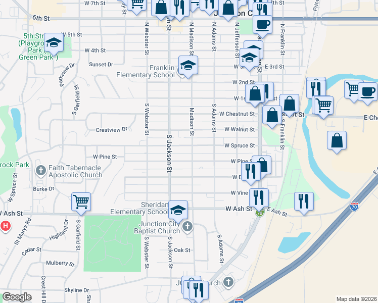 map of restaurants, bars, coffee shops, grocery stores, and more near 410 Madison Street in Junction City