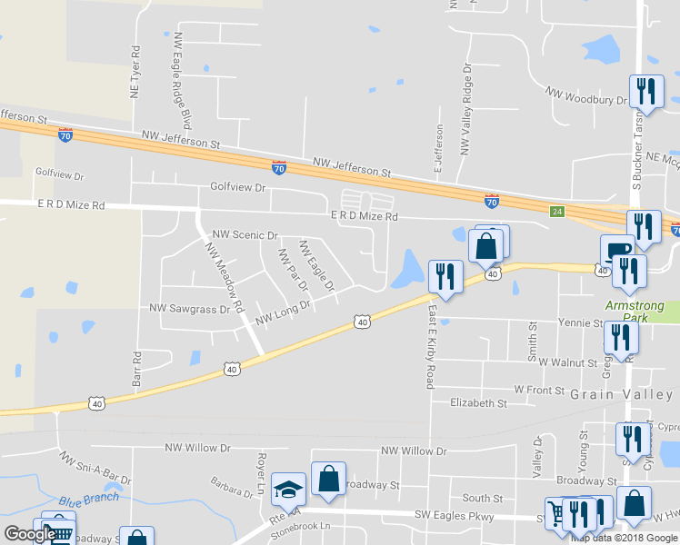 map of restaurants, bars, coffee shops, grocery stores, and more near 700 Northwest Green Drive in Grain Valley