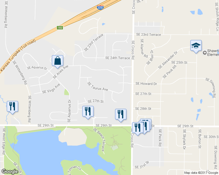 map of restaurants, bars, coffee shops, grocery stores, and more near 3416 Southeast Taurus Avenue in Topeka