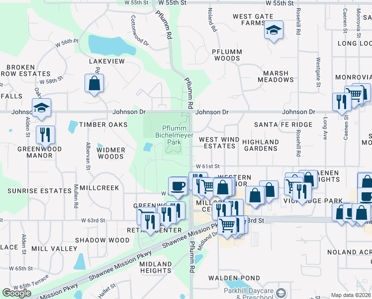 map of restaurants, bars, coffee shops, grocery stores, and more near 6020 Pflumm Road in Shawnee