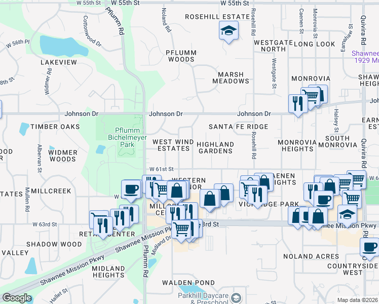 map of restaurants, bars, coffee shops, grocery stores, and more near 6012 Noland Road in Shawnee
