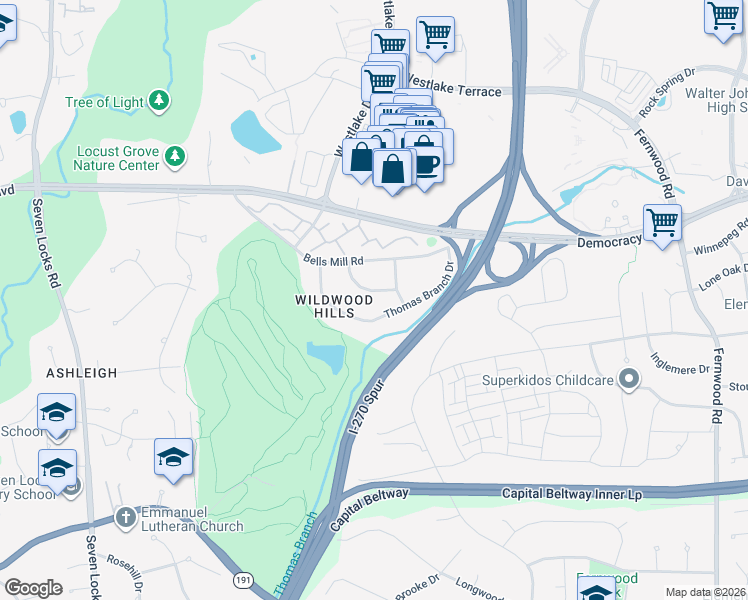 map of restaurants, bars, coffee shops, grocery stores, and more near 7206 Beacon Terrace in Bethesda