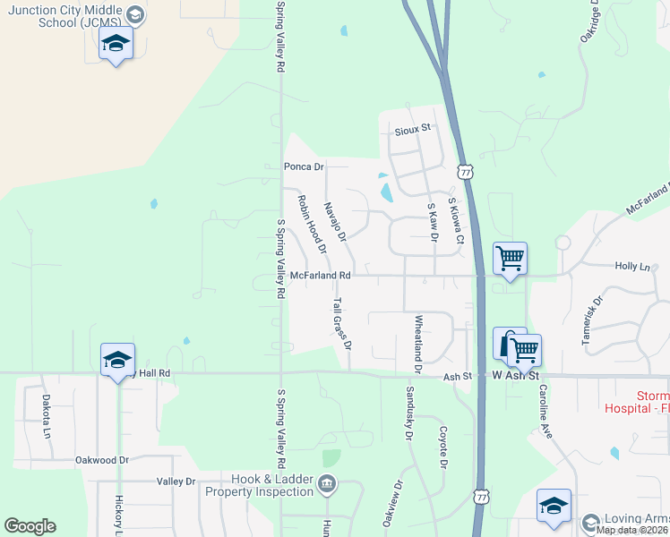 map of restaurants, bars, coffee shops, grocery stores, and more near 417 Robin Hood Drive in Junction City