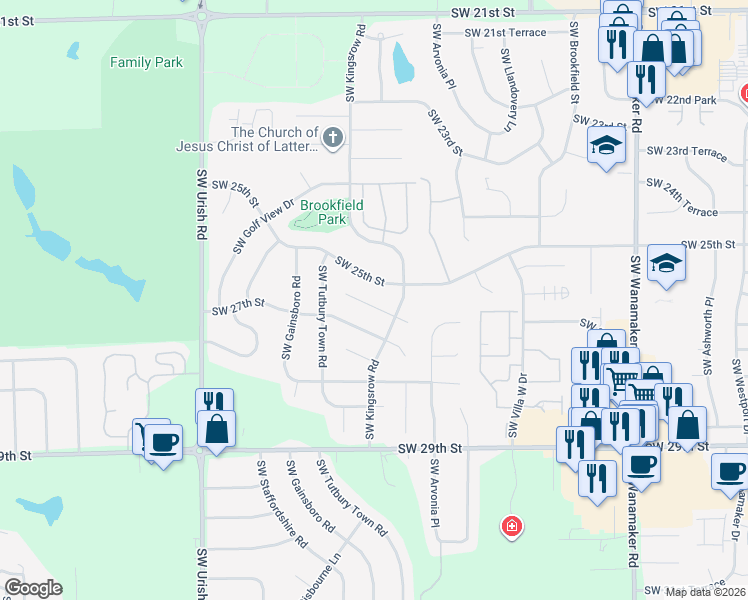 map of restaurants, bars, coffee shops, grocery stores, and more near 6518 Southwest 26th Court in Topeka