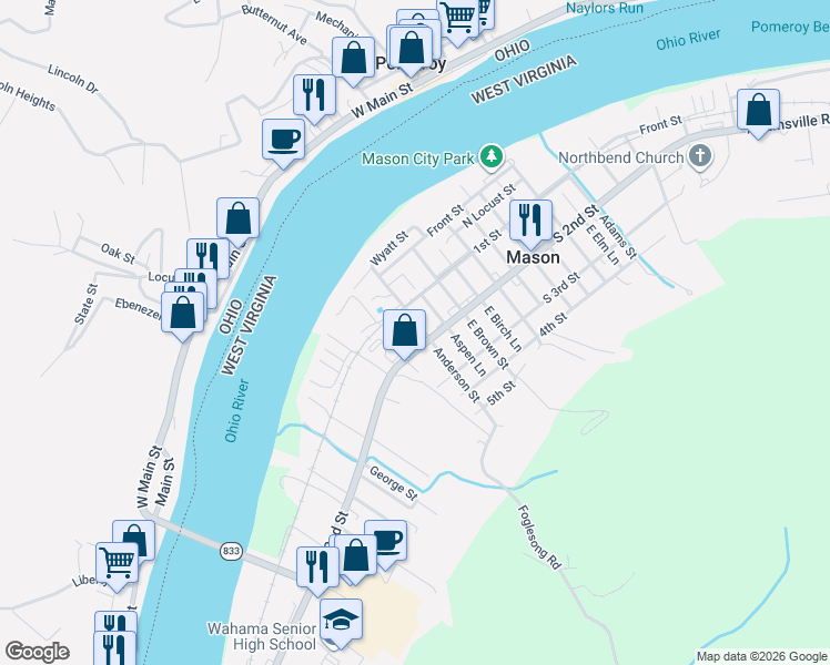 map of restaurants, bars, coffee shops, grocery stores, and more near 322 Anderson Street in Mason