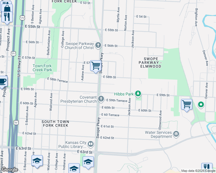 map of restaurants, bars, coffee shops, grocery stores, and more near 3821 East 58th Terrace in Kansas City