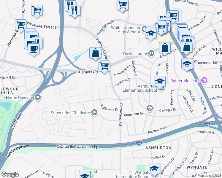 map of restaurants, bars, coffee shops, grocery stores, and more near 9914 Fernwood Road in Bethesda