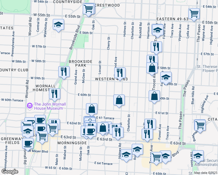 map of restaurants, bars, coffee shops, grocery stores, and more near 5917 Cherry Street in Kansas City