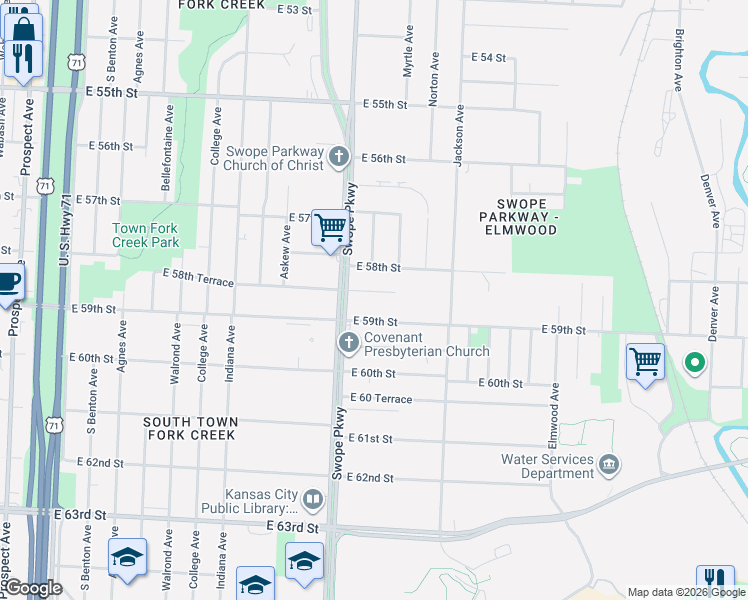 map of restaurants, bars, coffee shops, grocery stores, and more near 3821 East 58th Terrace in Kansas City