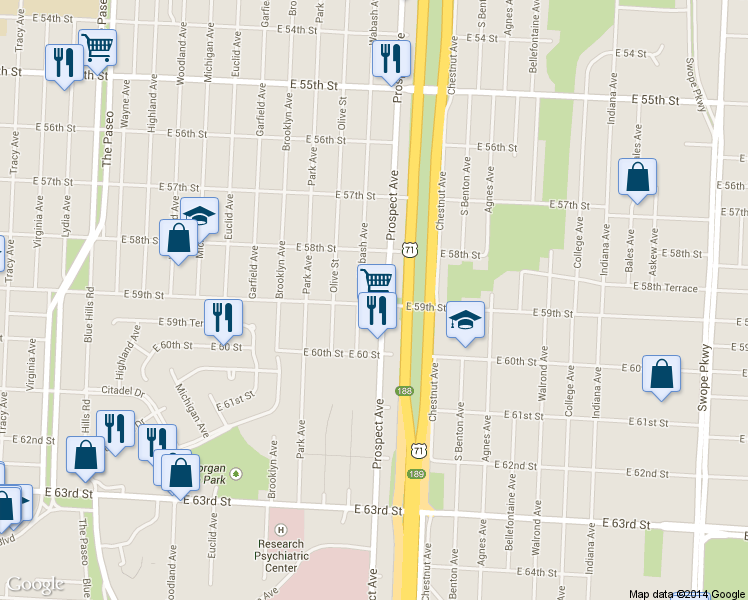 map of restaurants, bars, coffee shops, grocery stores, and more near in Kansas City