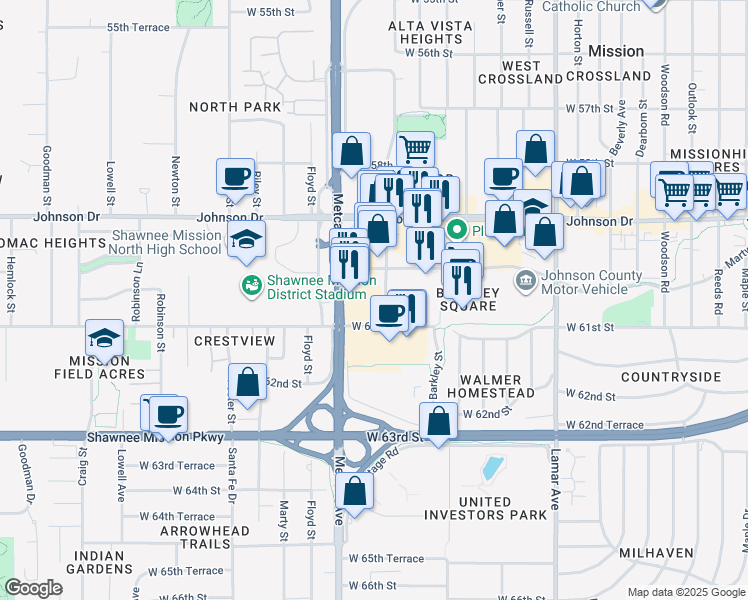 map of restaurants, bars, coffee shops, grocery stores, and more near 6015 Travis Ln in Mission