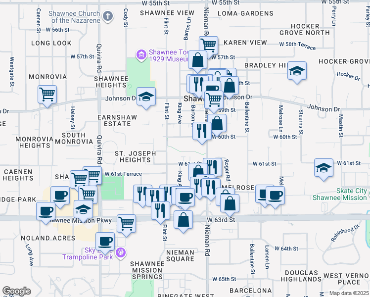 map of restaurants, bars, coffee shops, grocery stores, and more near 6012 Barton Street in Shawnee