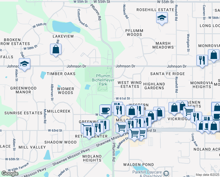 map of restaurants, bars, coffee shops, grocery stores, and more near 6020 Pflumm Road in Shawnee
