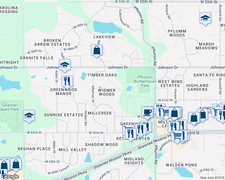 map of restaurants, bars, coffee shops, grocery stores, and more near 6007 Hallet Street in Shawnee