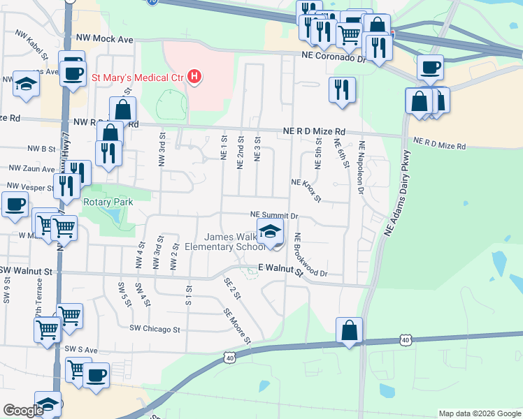 map of restaurants, bars, coffee shops, grocery stores, and more near 409 Northeast Summit Drive in Blue Springs