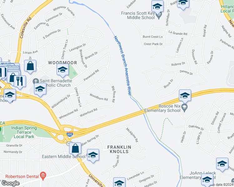 map of restaurants, bars, coffee shops, grocery stores, and more near 10009 Big Rock Road in Silver Spring