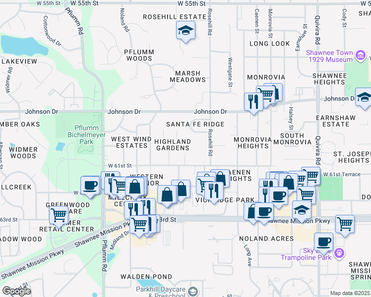map of restaurants, bars, coffee shops, grocery stores, and more near 6003 Parkhill St in Shawnee