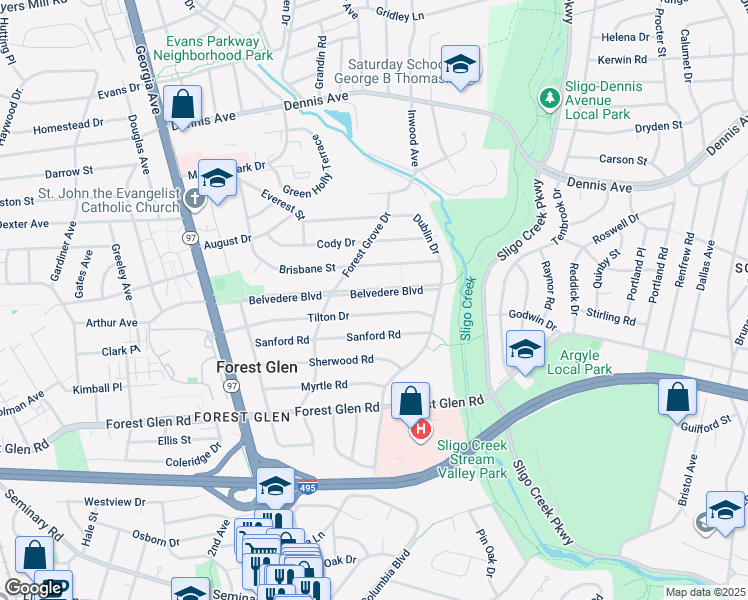 map of restaurants, bars, coffee shops, grocery stores, and more near 1624 Belvedere Boulevard in Silver Spring