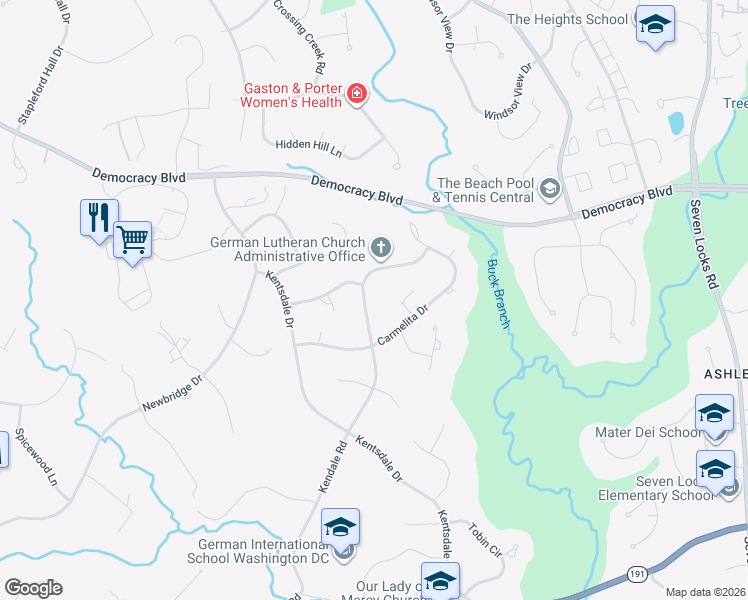map of restaurants, bars, coffee shops, grocery stores, and more near 9917 Kendale Road in Rockville