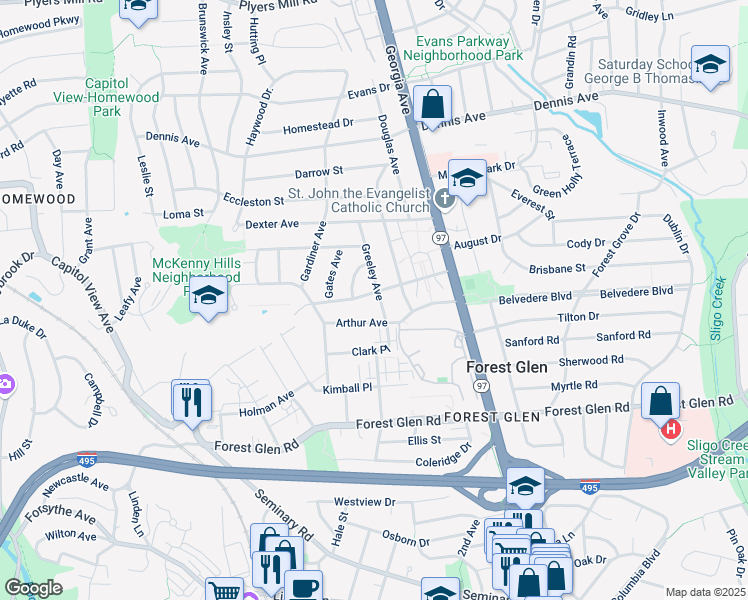 map of restaurants, bars, coffee shops, grocery stores, and more near 2300 Hildarose Drive in Silver Spring