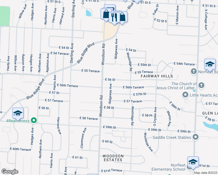 map of restaurants, bars, coffee shops, grocery stores, and more near 5616 Ridgeway Avenue in Kansas City