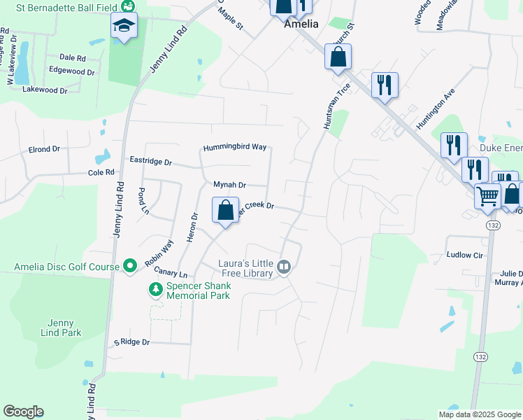 map of restaurants, bars, coffee shops, grocery stores, and more near 30 Deer Creek Drive in Amelia