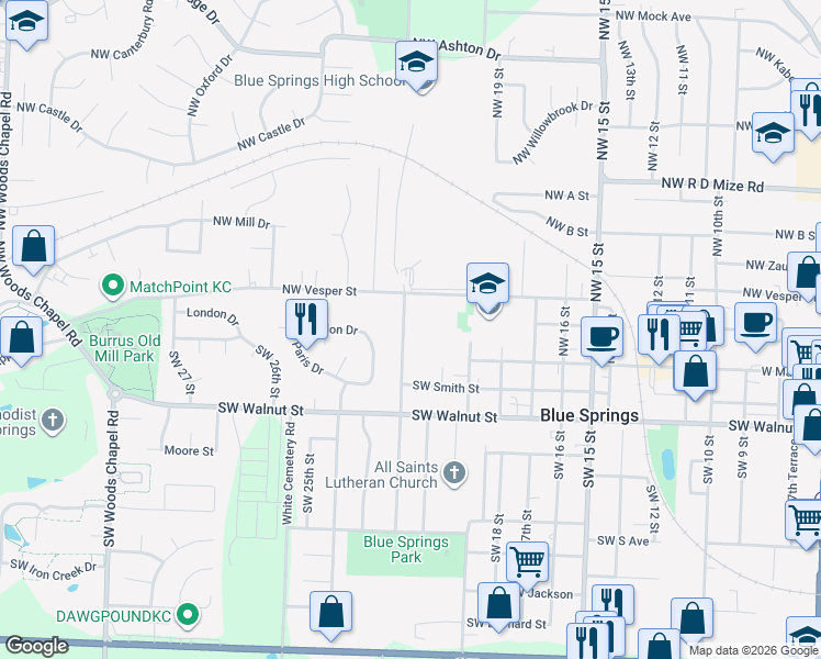 map of restaurants, bars, coffee shops, grocery stores, and more near 104 Northwest 22nd Street in Blue Springs