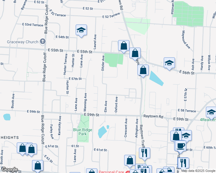 map of restaurants, bars, coffee shops, grocery stores, and more near 5705 Elm Avenue in Raytown