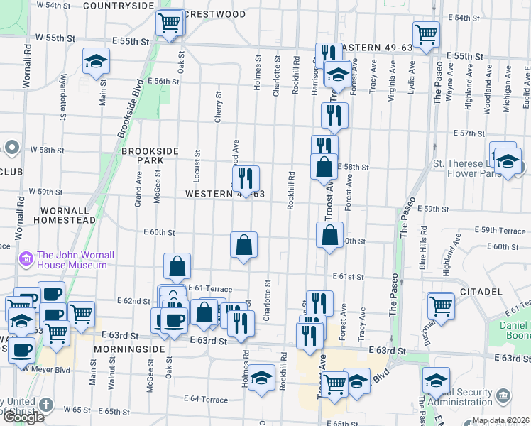 map of restaurants, bars, coffee shops, grocery stores, and more near 5914 Charlotte Street in Kansas City
