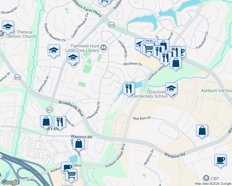 map of restaurants, bars, coffee shops, grocery stores, and more near 43777 Woodworth Court in Ashburn