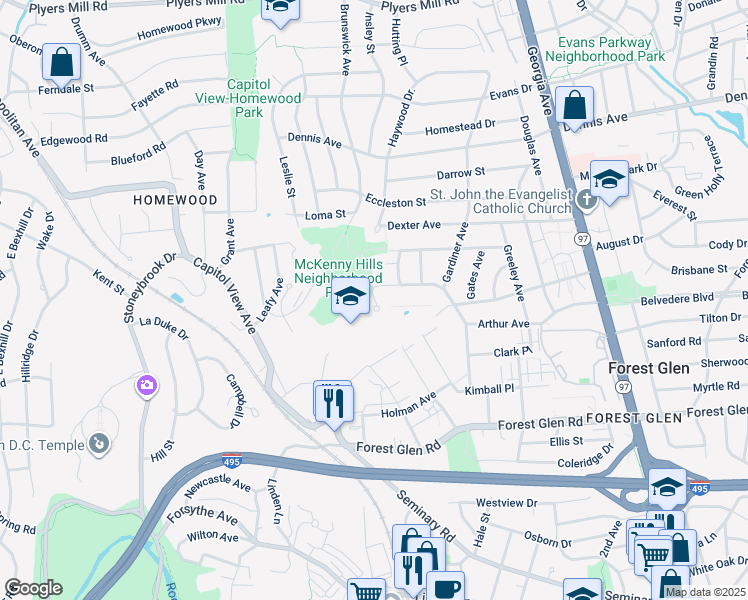 map of restaurants, bars, coffee shops, grocery stores, and more near Hayden Drive in Silver Spring