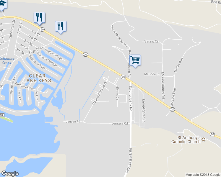 map of restaurants, bars, coffee shops, grocery stores, and more near 13902 Apple Lane in Clearlake Oaks