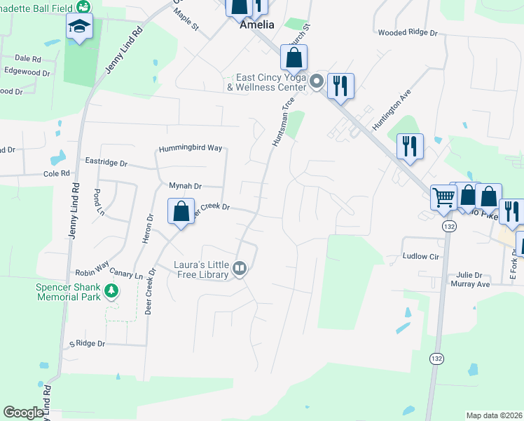 map of restaurants, bars, coffee shops, grocery stores, and more near 3296 Huntsman Trace in Amelia